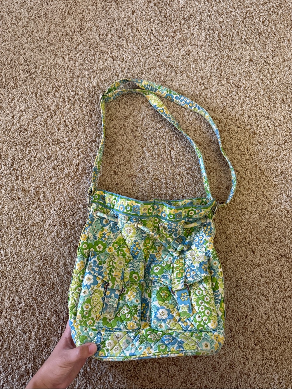 Vera Bradley English Meadows Drawstring Shoulder Bag Quilted Floral Cotton Purse